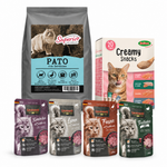 Pack Superior Esterilizado Pato con saco de 5 kg, cuatro sobres Leonardo de 85 g y Creamy Multipack Bubimex de 20 unidades