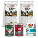 Pack Superior EcoGrainFree Cordero con dos sacos de 10 kg, Belcando pavo y ternera de 800 g y snacks de sardina de 150 g