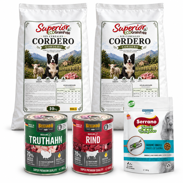 Pack Superior EcoGrainFree Cordero con dos sacos de 10 kg, Belcando pavo y ternera de 800 g y snacks de sardina de 150 g