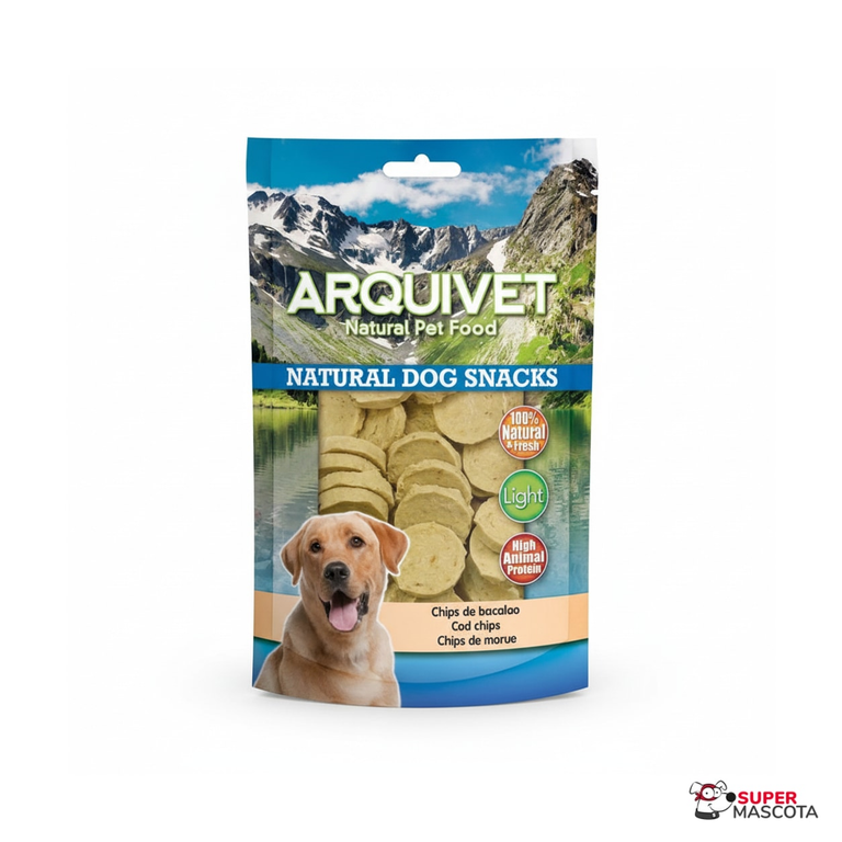Envase de snack chips de bacalao para perros