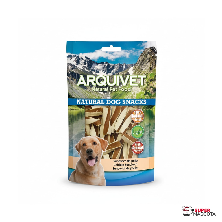 Envase de snack sándwich de pollo y bacalao para perros
