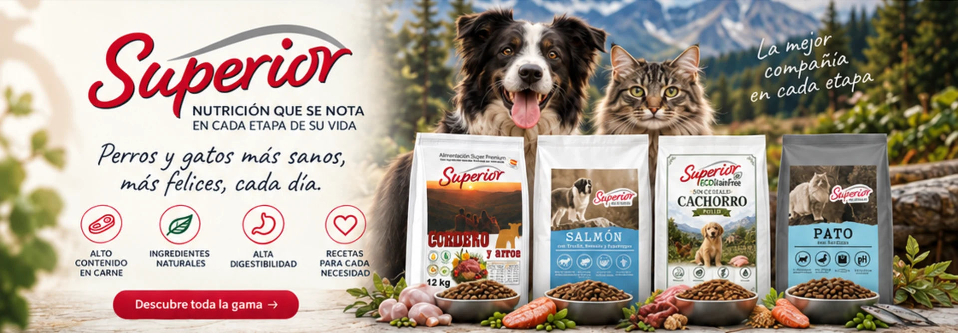 Superior: nutrición para perros y gatos. Gamas Clásica, Sin Cereales, ECOGrainFree y Gatos.